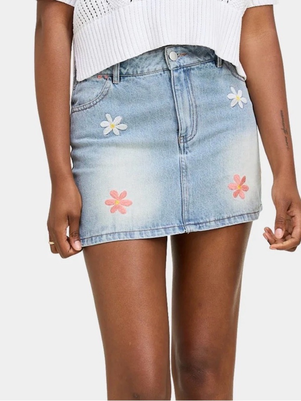 Light Blue Denim Mini Skirt with Pink & White Floral Embroidery
